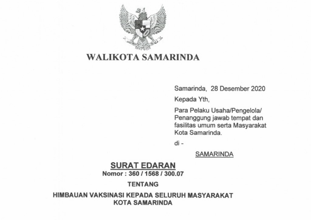Surat Edaran Walikota tentang Himbauan Vaksinasi Kepada Seluruh Masyarakat Kota Samarinda