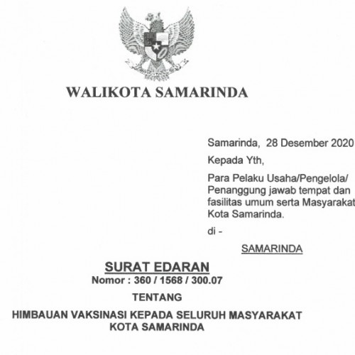 Surat Edaran Walikota tentang Himbauan Vaksinasi Kepada Seluruh Masyarakat Kota Samarinda
